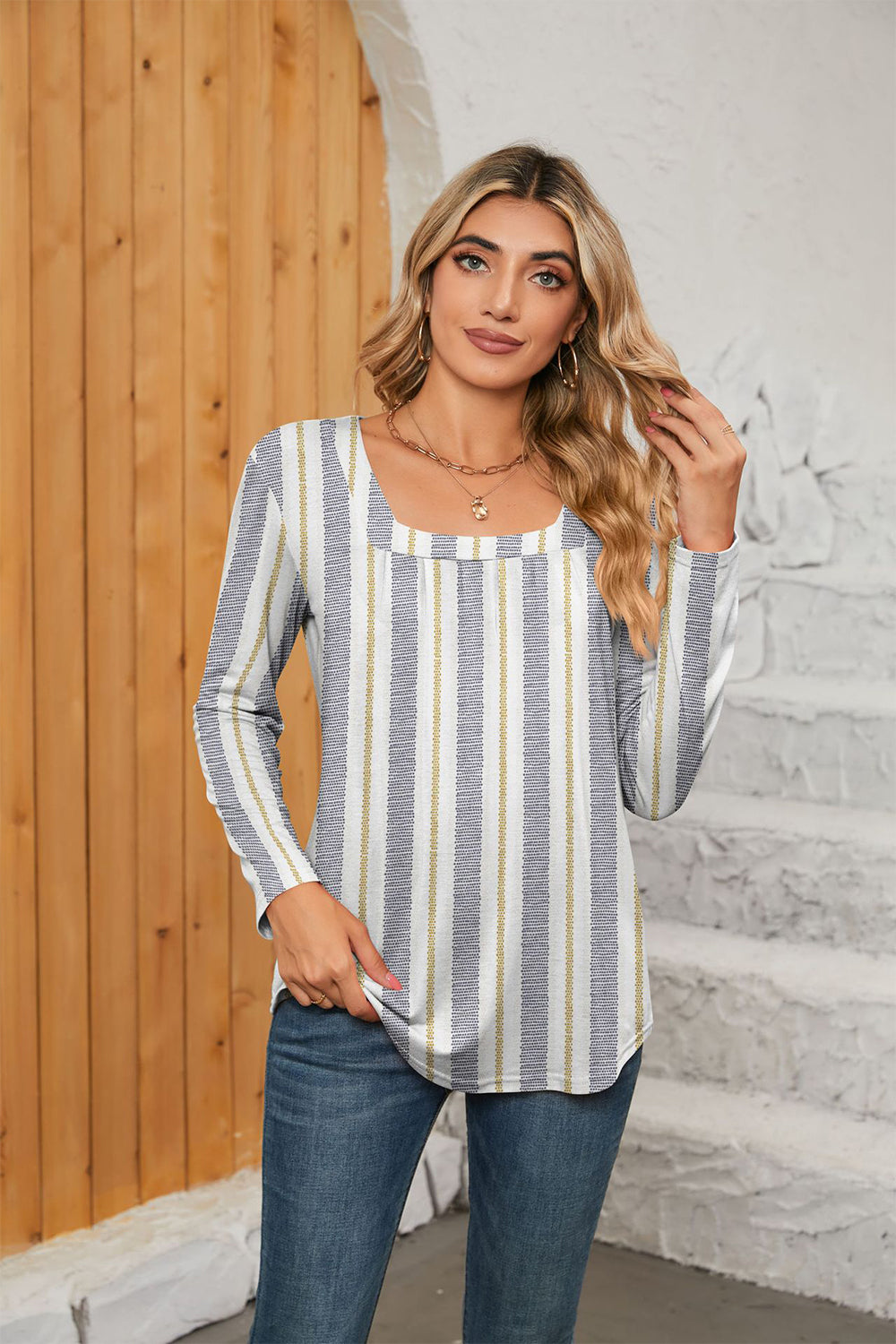 Printed Square Neck Long Sleeve Blouse - Stripe / S - Women’s Clothing & Accessories - Shirts & Tops - 16 - 2024