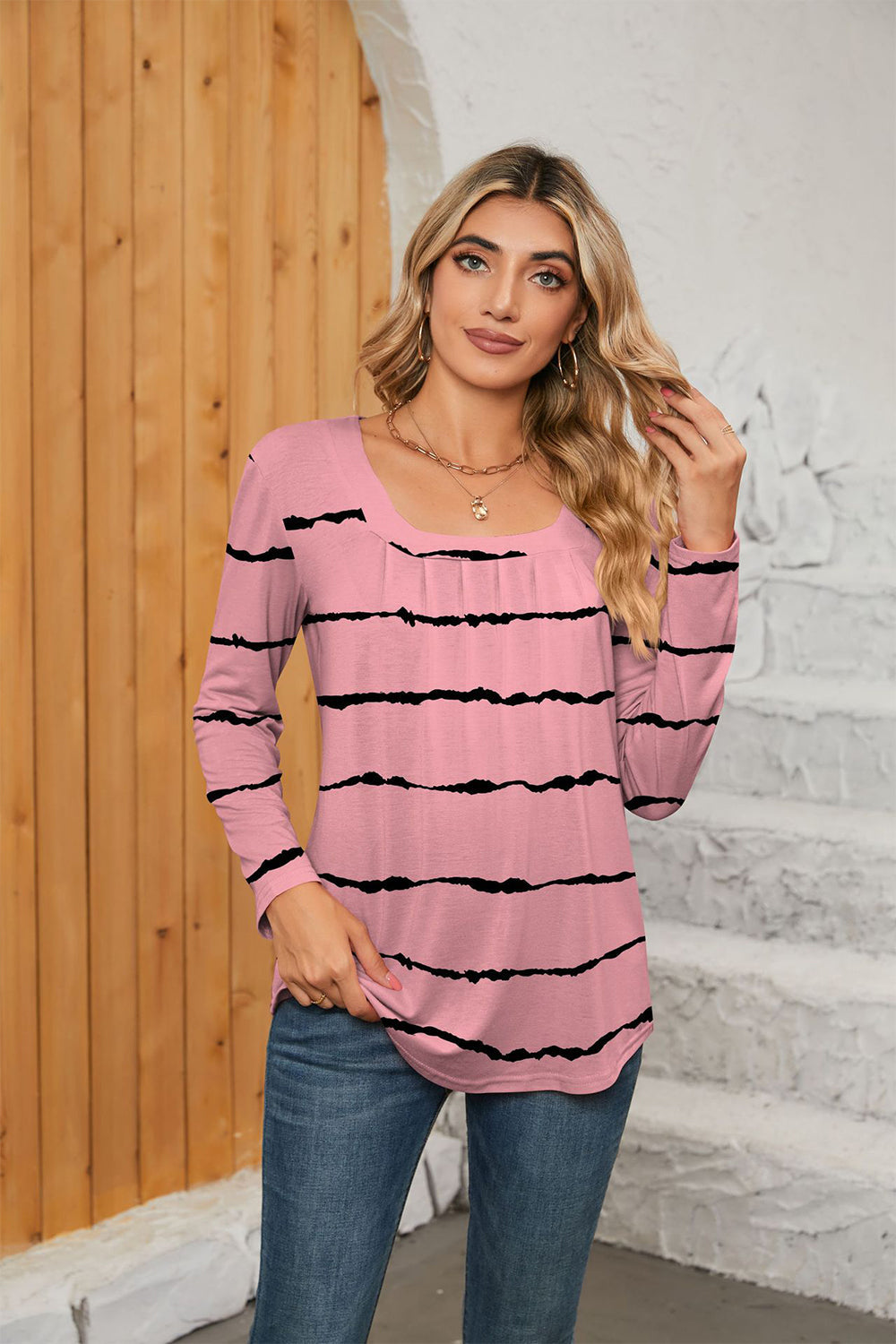 Printed Square Neck Long Sleeve Blouse - Pink / S - Women’s Clothing & Accessories - Shirts & Tops - 4 - 2024