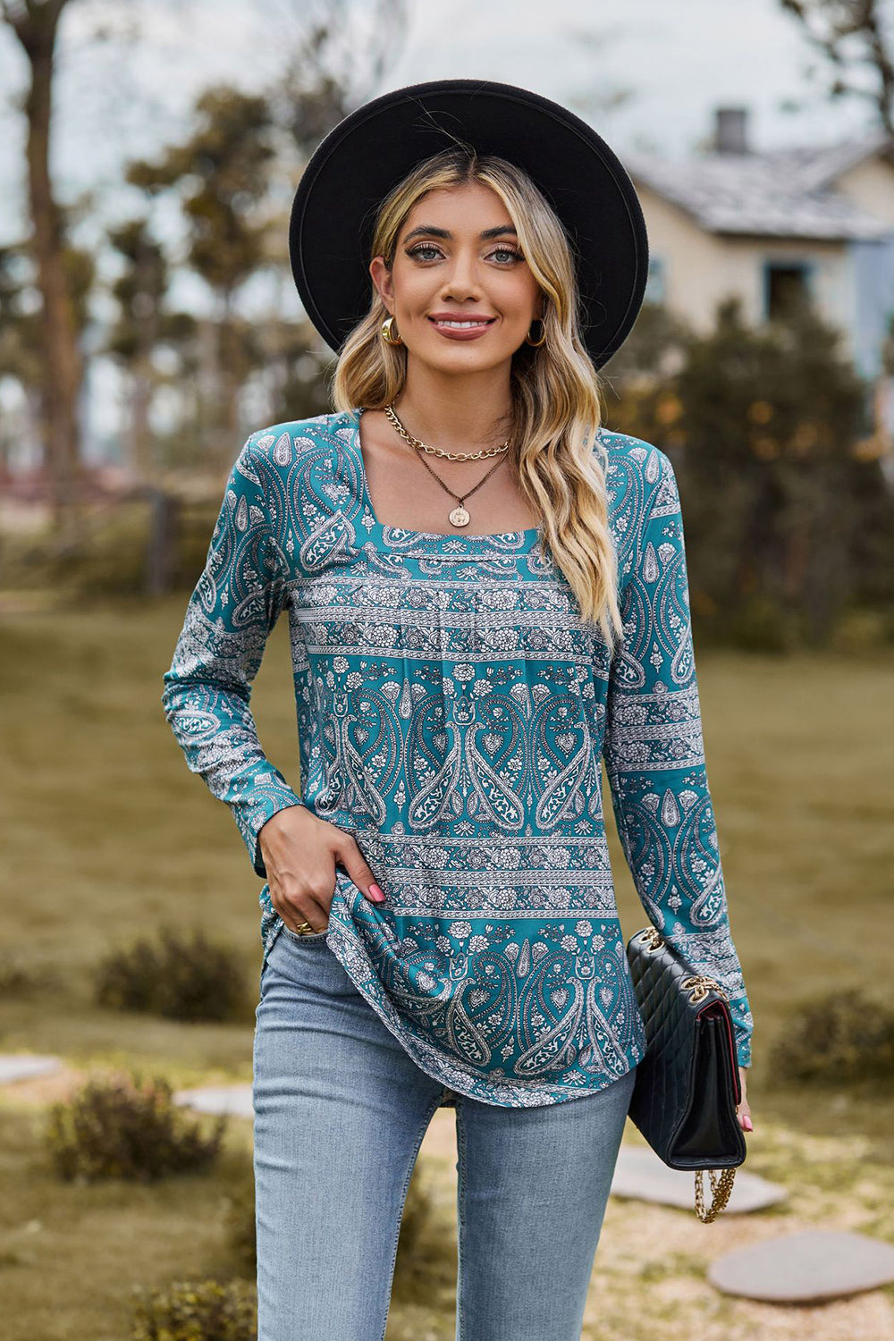 Printed Square Neck Long Sleeve Blouse - Green / S - Women’s Clothing & Accessories - Shirts & Tops - 1 - 2024