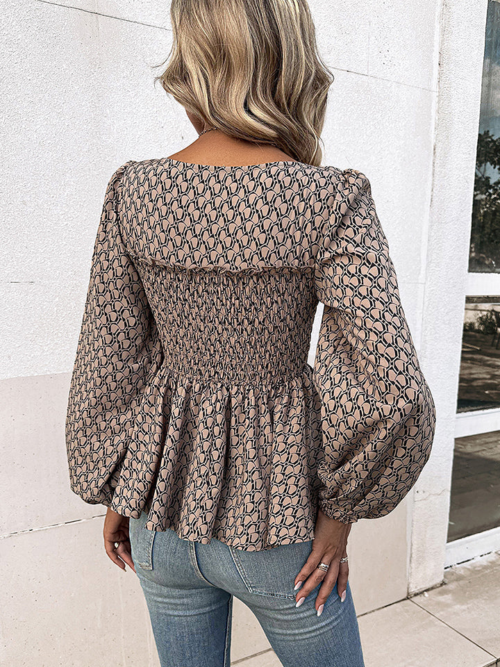 Printed Square Neck Long Sleeve Blouse - Women’s Clothing & Accessories - Shirts & Tops - 2 - 2024