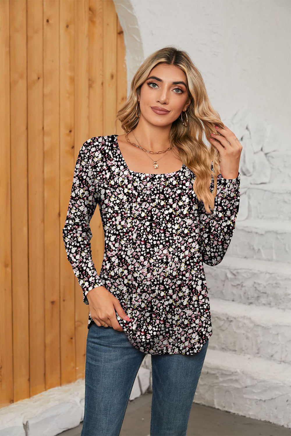 Printed Square Neck Long Sleeve Blouse - Women’s Clothing & Accessories - Shirts & Tops - 11 - 2024