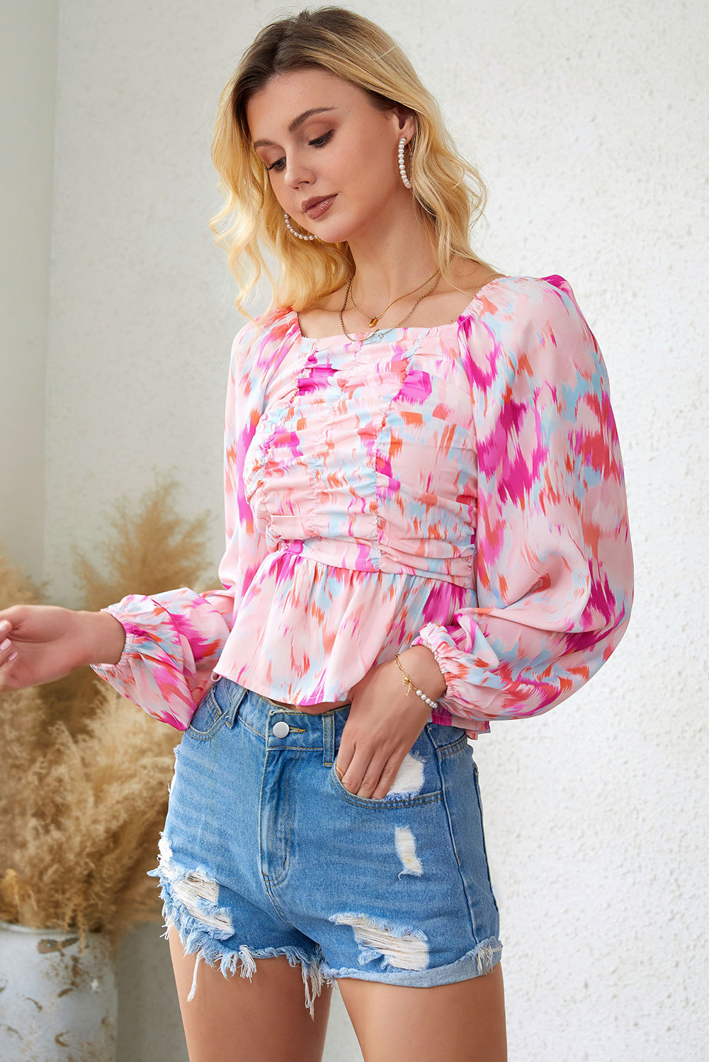 Printed Square Neck Raglan Sleeve Blouse - Women’s Clothing & Accessories - Shirts & Tops - 3 - 2024