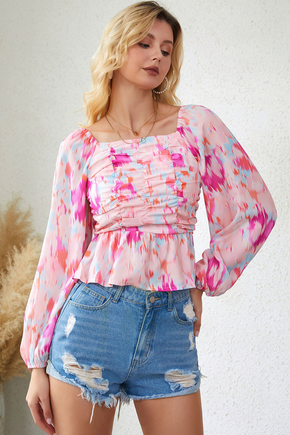Printed Square Neck Raglan Sleeve Blouse - Women’s Clothing & Accessories - Shirts & Tops - 2 - 2024
