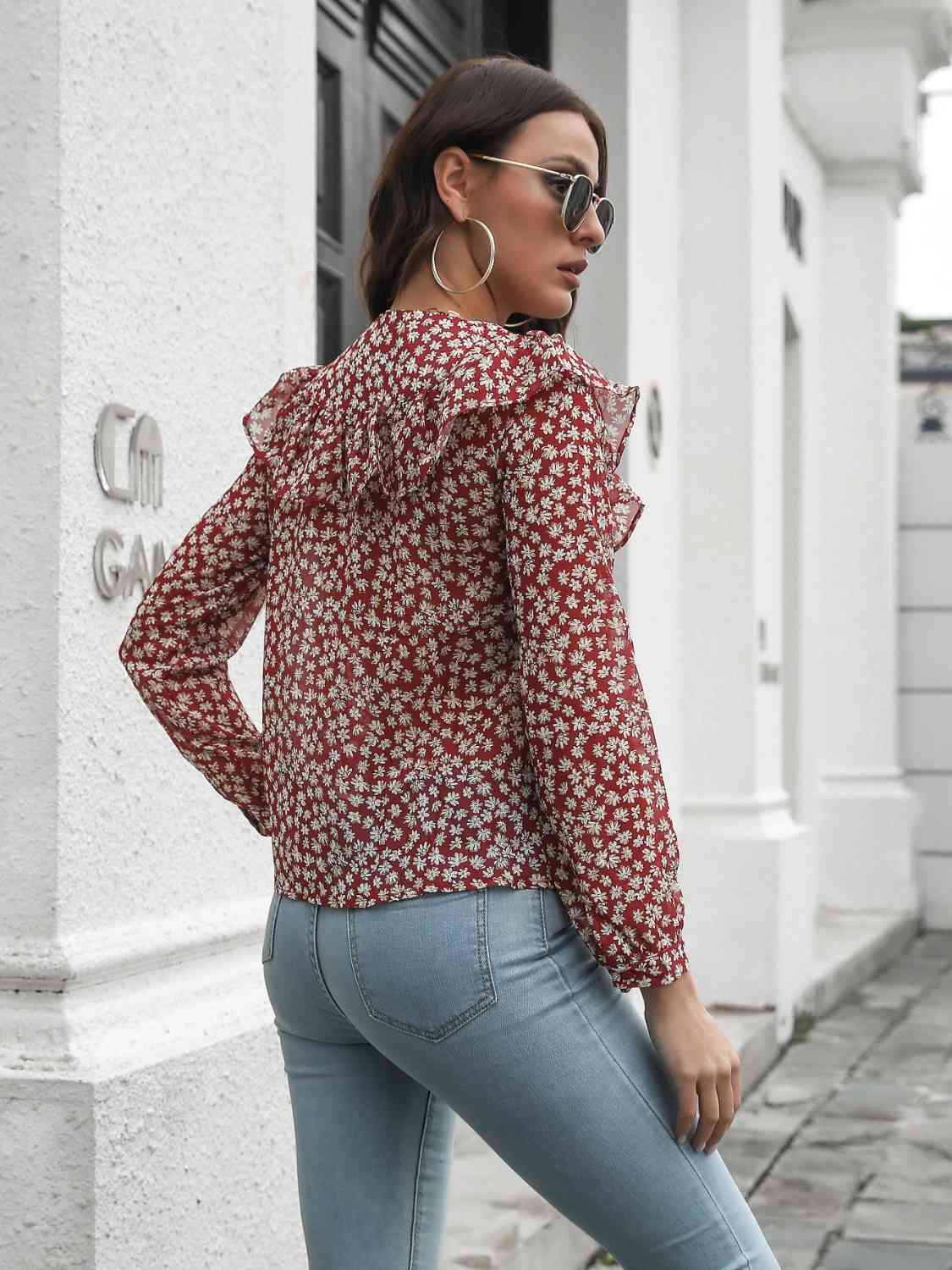 Printed Statement Collar Long Sleeve Blouse - Women’s Clothing & Accessories - Shirts & Tops - 2 - 2024