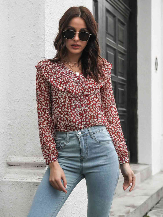 Printed Statement Collar Long Sleeve Blouse - Deep Red / S - Women’s Clothing & Accessories - Shirts & Tops - 1 - 2024