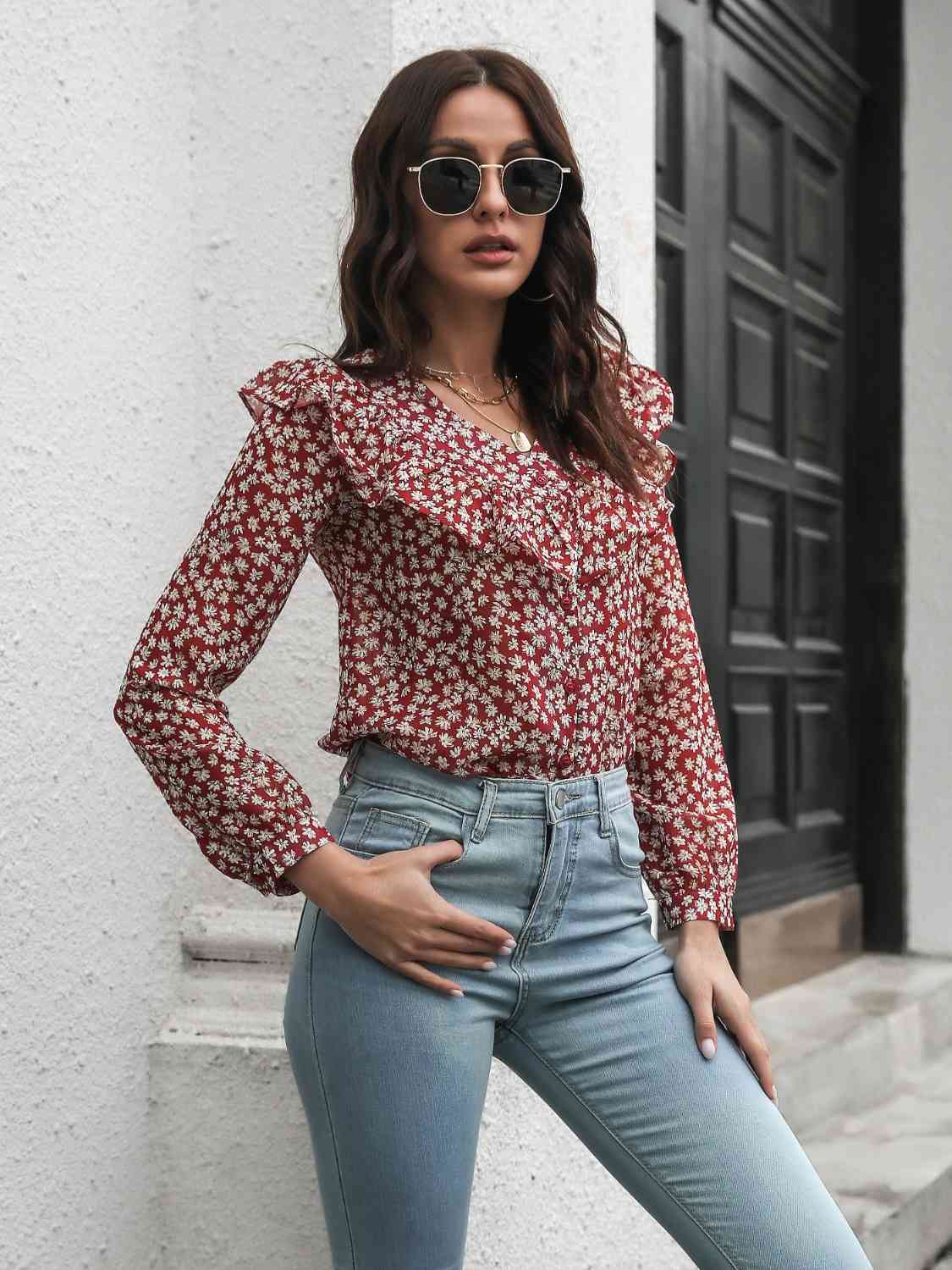 Printed Statement Collar Long Sleeve Blouse - Women’s Clothing & Accessories - Shirts & Tops - 4 - 2024