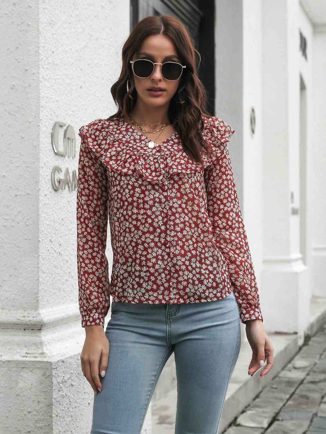 Printed Statement Collar Long Sleeve Blouse - Women’s Clothing & Accessories - Shirts & Tops - 3 - 2024