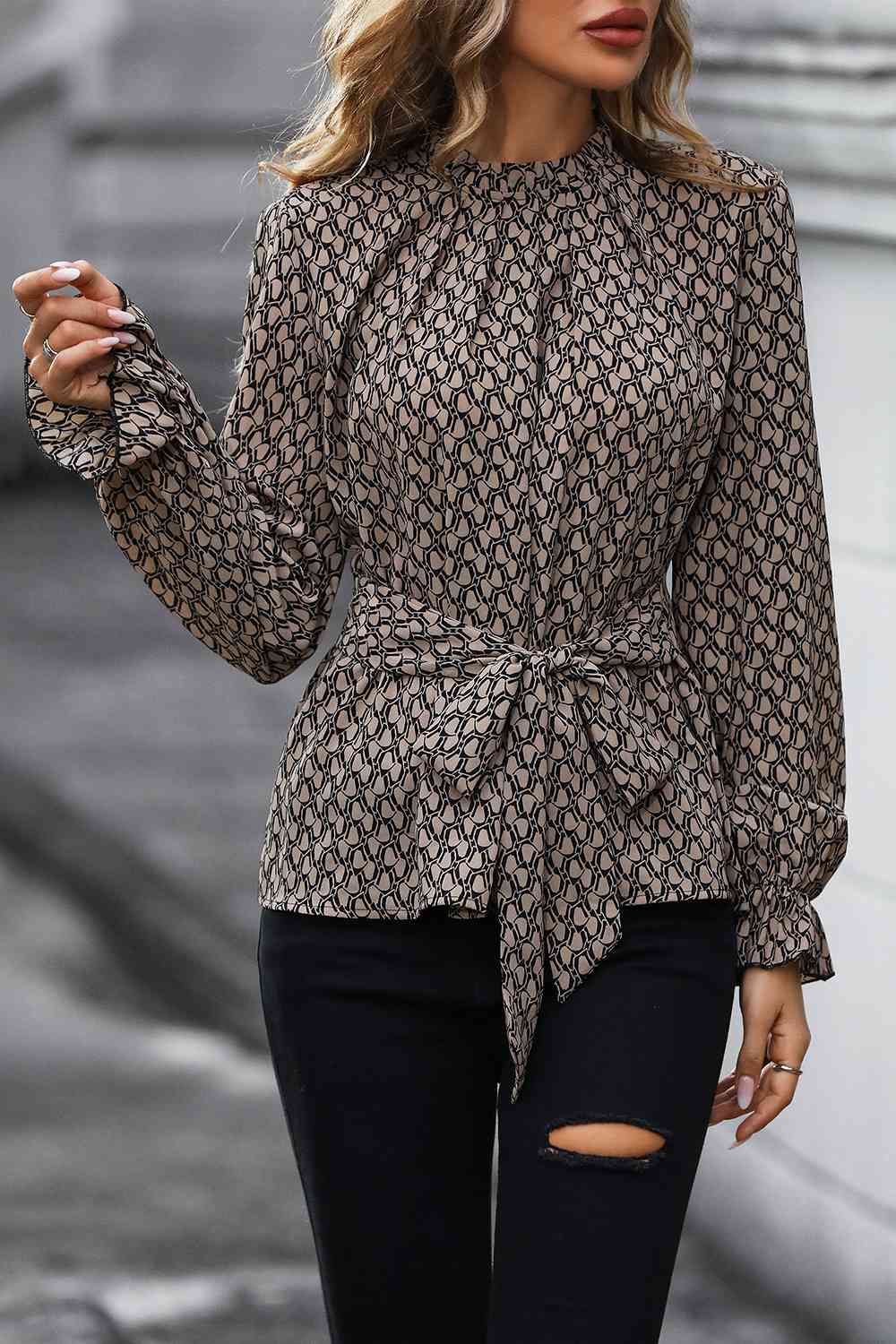 Printed Tie Front Flounce Sleeve Blouse - Women’s Clothing & Accessories - Shirts & Tops - 3 - 2024