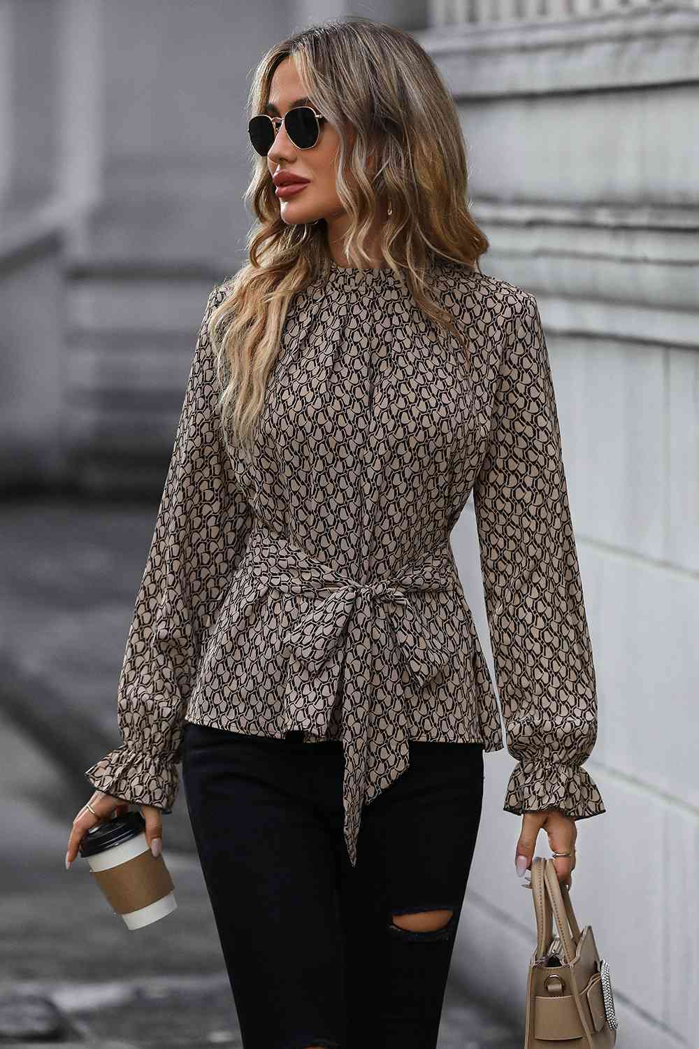 Printed Tie Front Flounce Sleeve Blouse - Taupe / S - Women’s Clothing & Accessories - Shirts & Tops - 1 - 2024