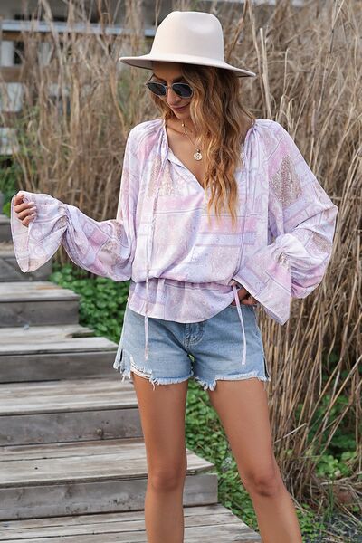 Printed Tie Neck Flounce Sleeve Blouse - Women’s Clothing & Accessories - Shirts & Tops - 4 - 2024