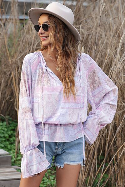 Printed Tie Neck Flounce Sleeve Blouse - Lavender / S - Women’s Clothing & Accessories - Shirts & Tops - 1 - 2024