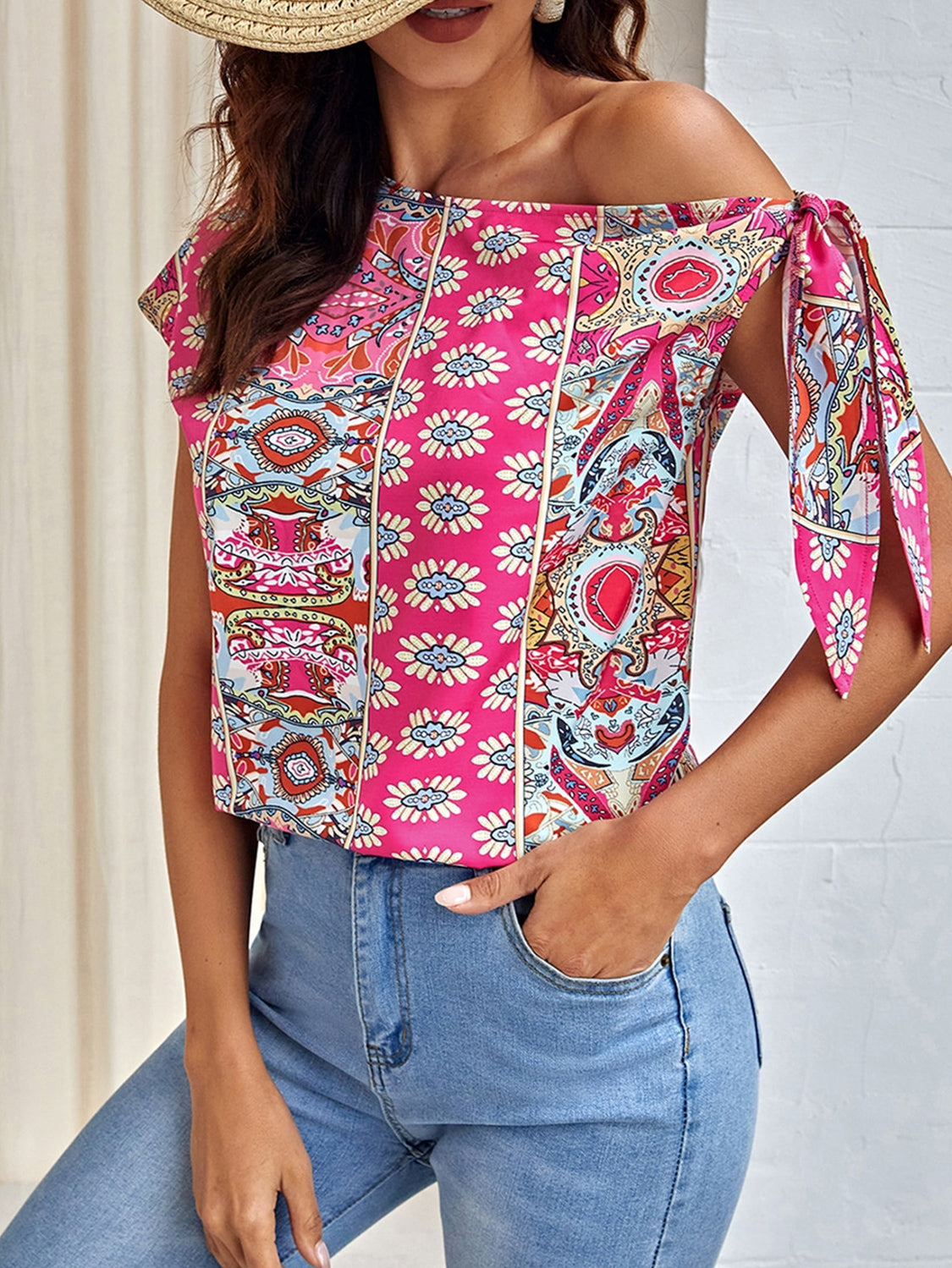 Printed Tied-Shoulder Single Shoulder Top - Women’s Clothing & Accessories - Shirts & Tops - 3 - 2024