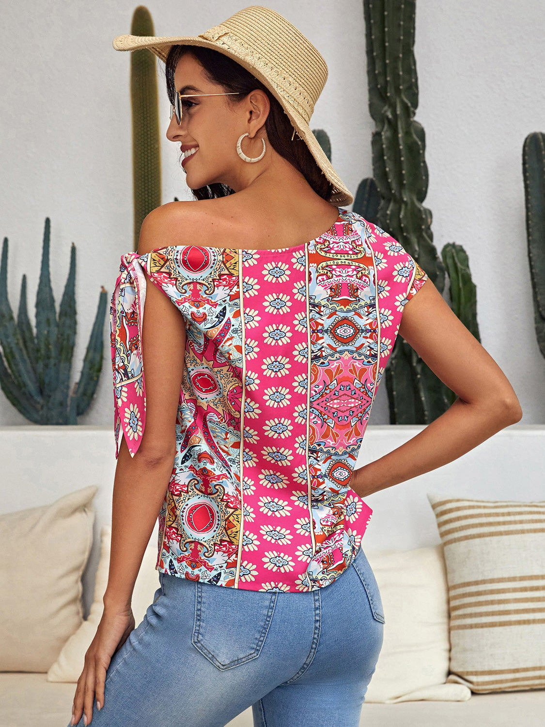 Printed Tied-Shoulder Single Shoulder Top - Women’s Clothing & Accessories - Shirts & Tops - 2 - 2024