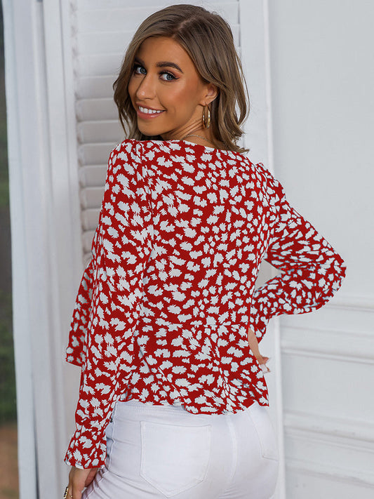 Printed V-Neck Flounce Sleeve Blouse - Women’s Clothing & Accessories - Shirts & Tops - 2 - 2024