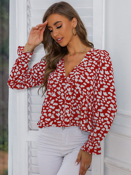 Printed V-Neck Flounce Sleeve Blouse - Deep Red / XS - Women’s Clothing & Accessories - Shirts & Tops - 1 - 2024
