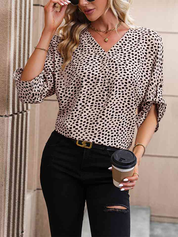 Printed V-Neck Roll-Tab Sleeve Blouse - Women’s Clothing & Accessories - Shirts & Tops - 4 - 2024