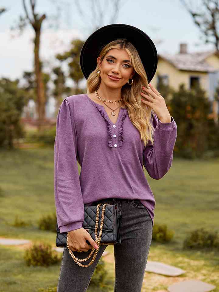Puff Sleeve Ruffle Trim Blouse - Dusty Purple / S - Women’s Clothing & Accessories - Shirts & Tops - 1 - 2024