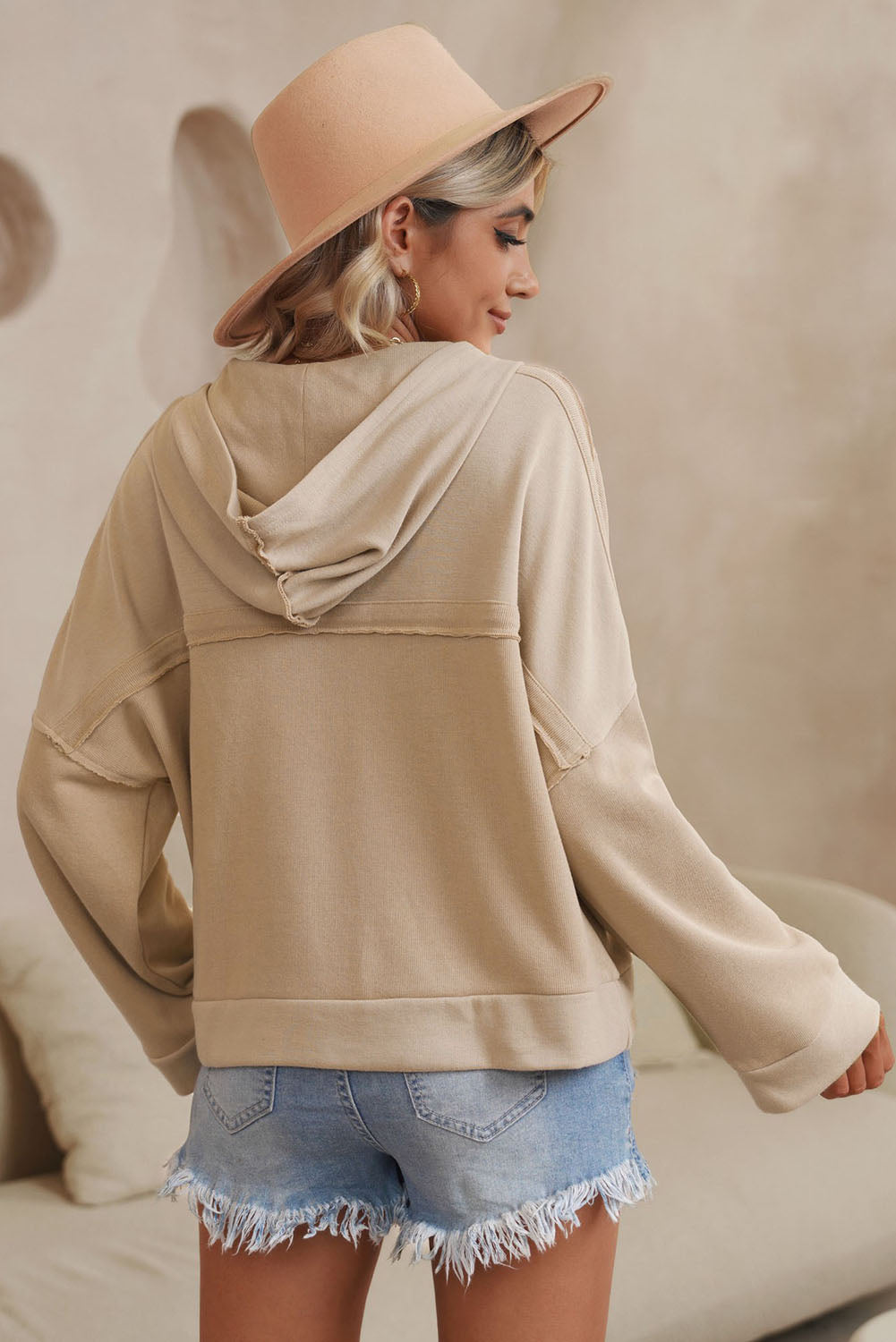 Quarter-Button Exposed Seam Dropped Shoulder Hoodie - Women’s Clothing & Accessories - Shirts & Tops - 6 - 2024
