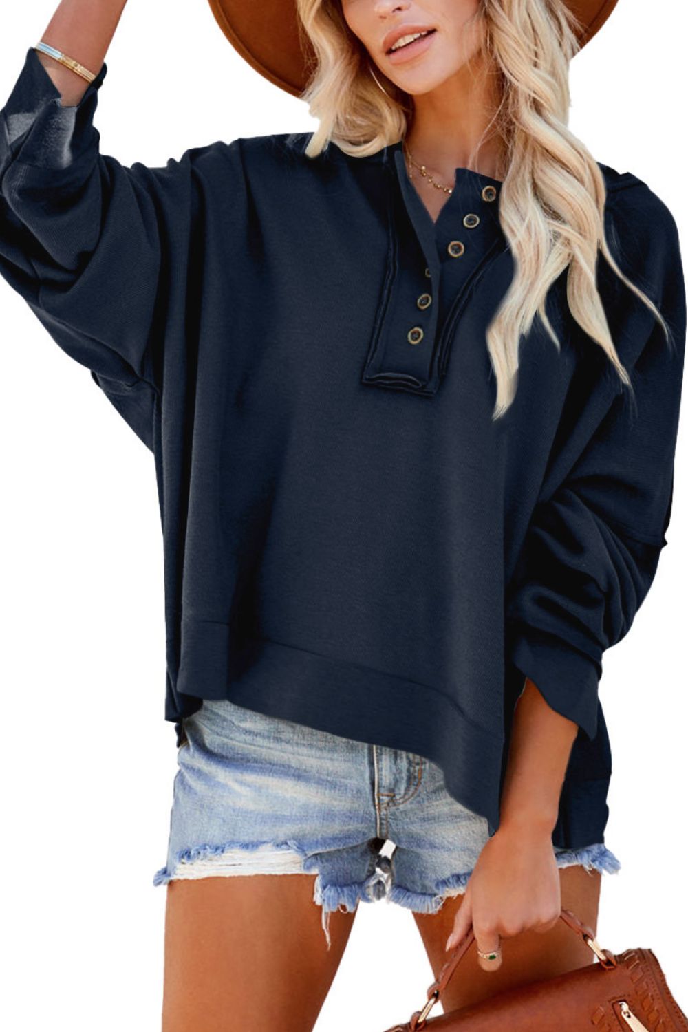 Quarter-Button Exposed Seam Dropped Shoulder Hoodie - Dark Blue / S - Women’s Clothing & Accessories - Shirts & Tops