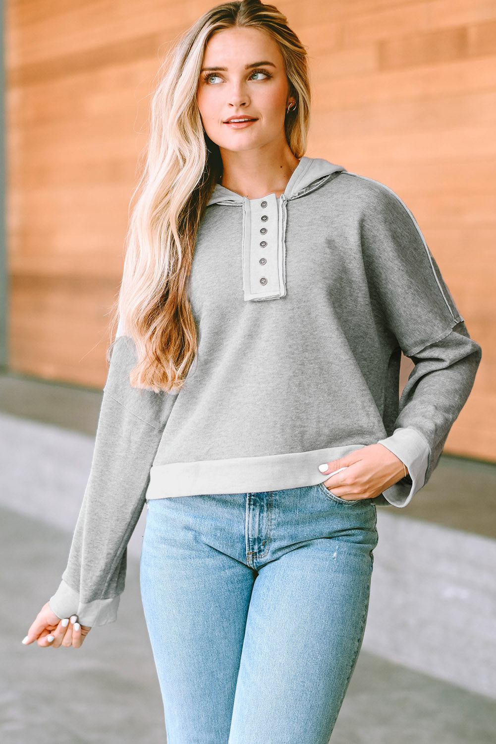 Quarter-Button Exposed Seam Dropped Shoulder Hoodie - Light Gray / S - Women’s Clothing & Accessories - Shirts & Tops