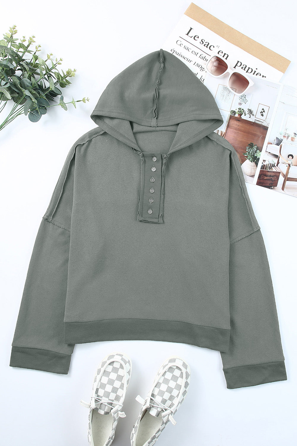 Quarter-Button Exposed Seam Dropped Shoulder Hoodie - Gray / S - Women’s Clothing & Accessories - Shirts & Tops - 16