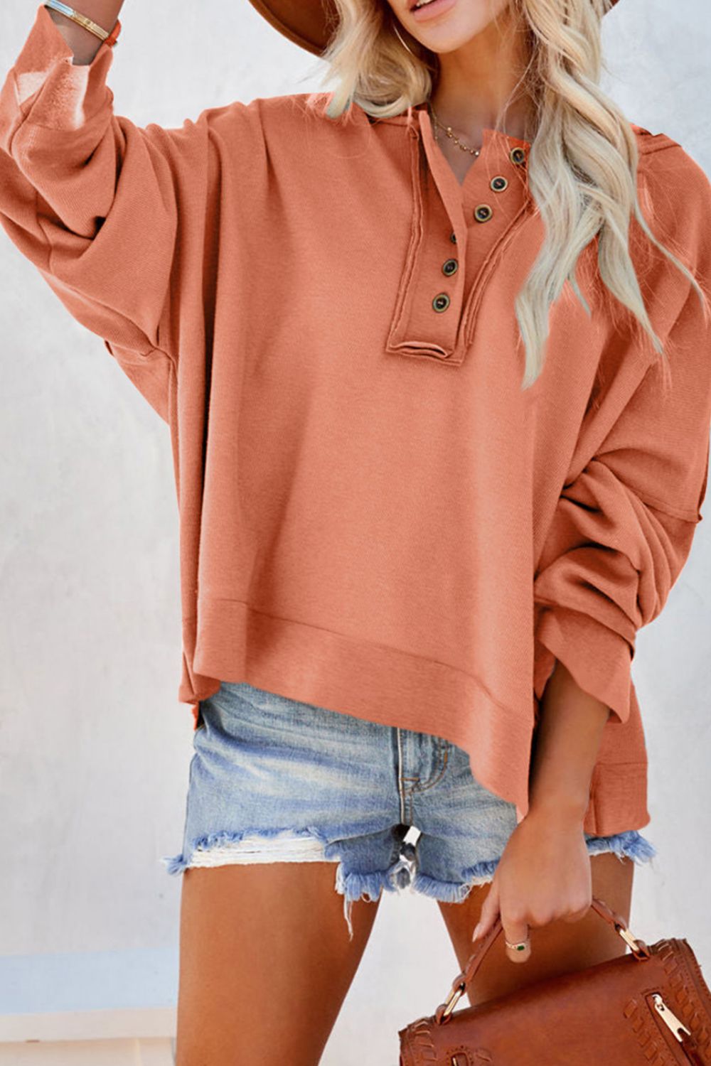 Quarter-Button Exposed Seam Dropped Shoulder Hoodie - Light Orange / S - Women’s Clothing & Accessories - Shirts &