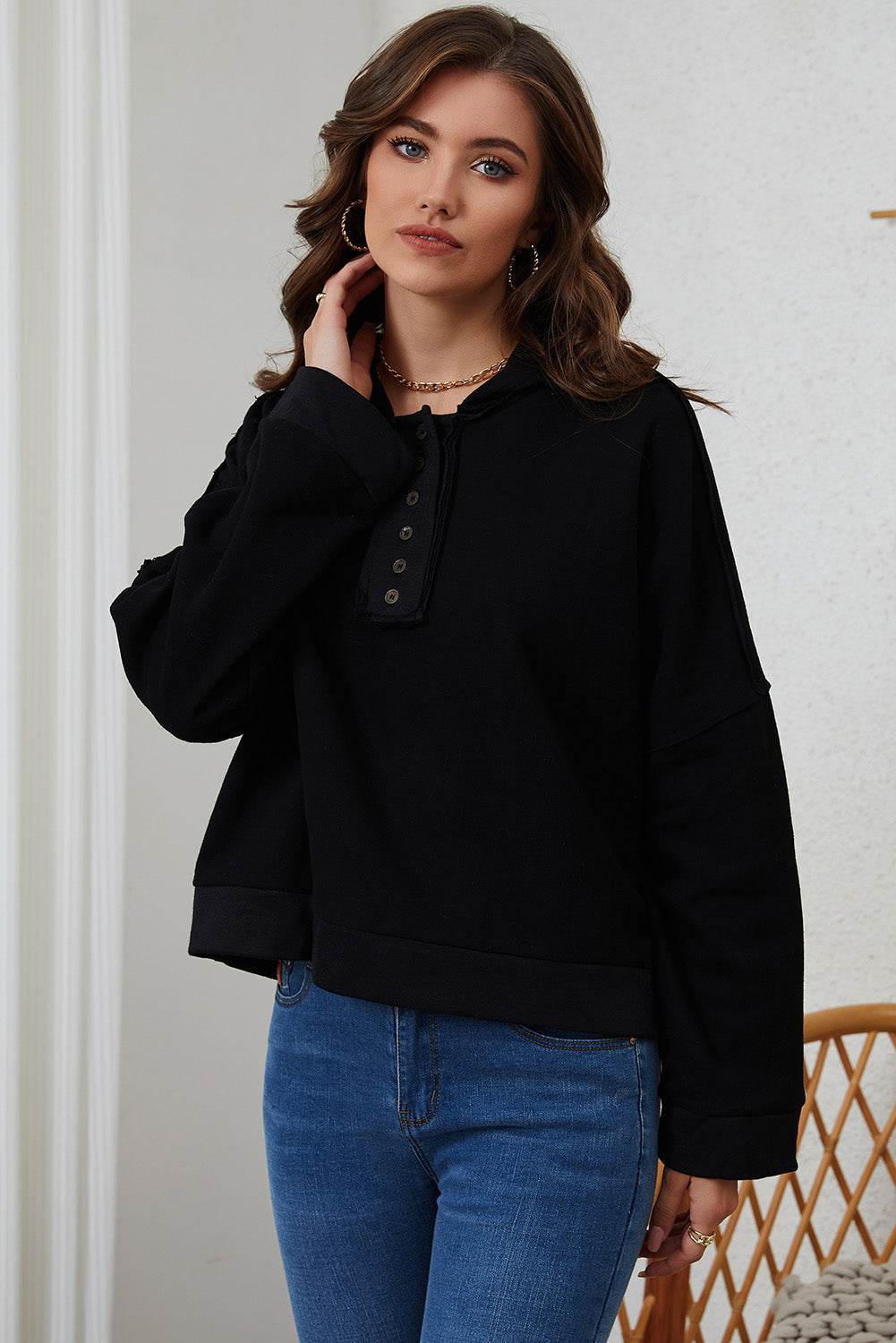 Quarter-Button Exposed Seam Dropped Shoulder Hoodie - Black / S - Women’s Clothing & Accessories - Shirts & Tops - 13