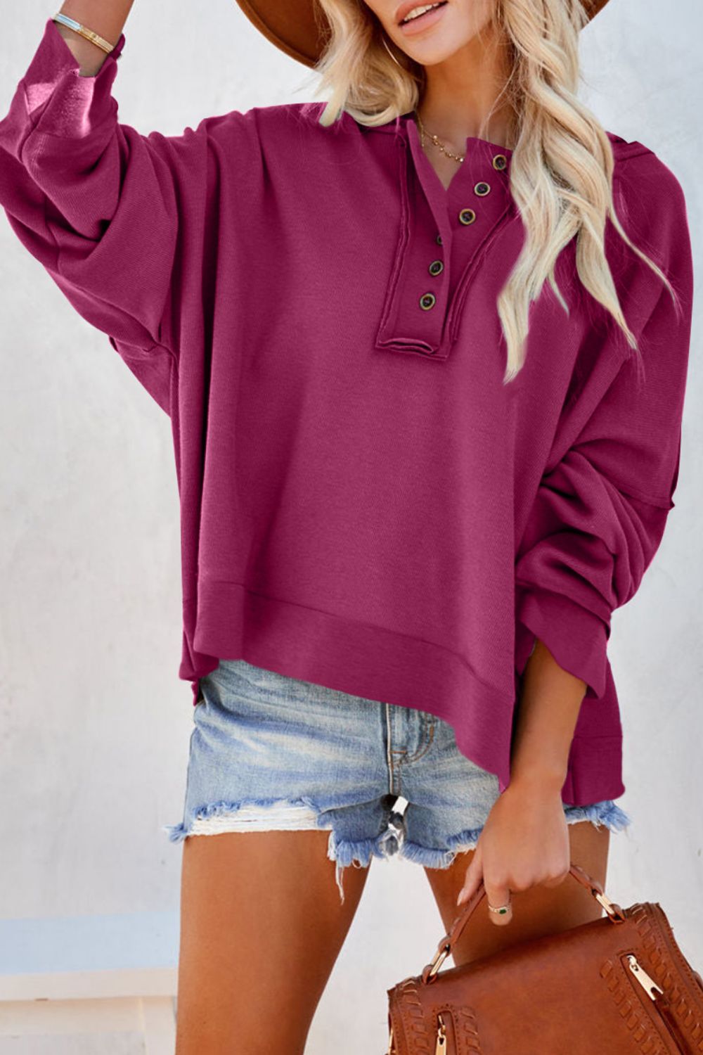 Quarter-Button Exposed Seam Dropped Shoulder Hoodie - Purple / S - Women’s Clothing & Accessories - Shirts & Tops
