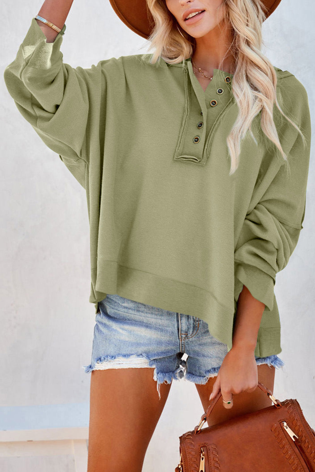 Quarter-Button Exposed Seam Dropped Shoulder Hoodie - Green / S - Women’s Clothing & Accessories - Shirts & Tops - 31