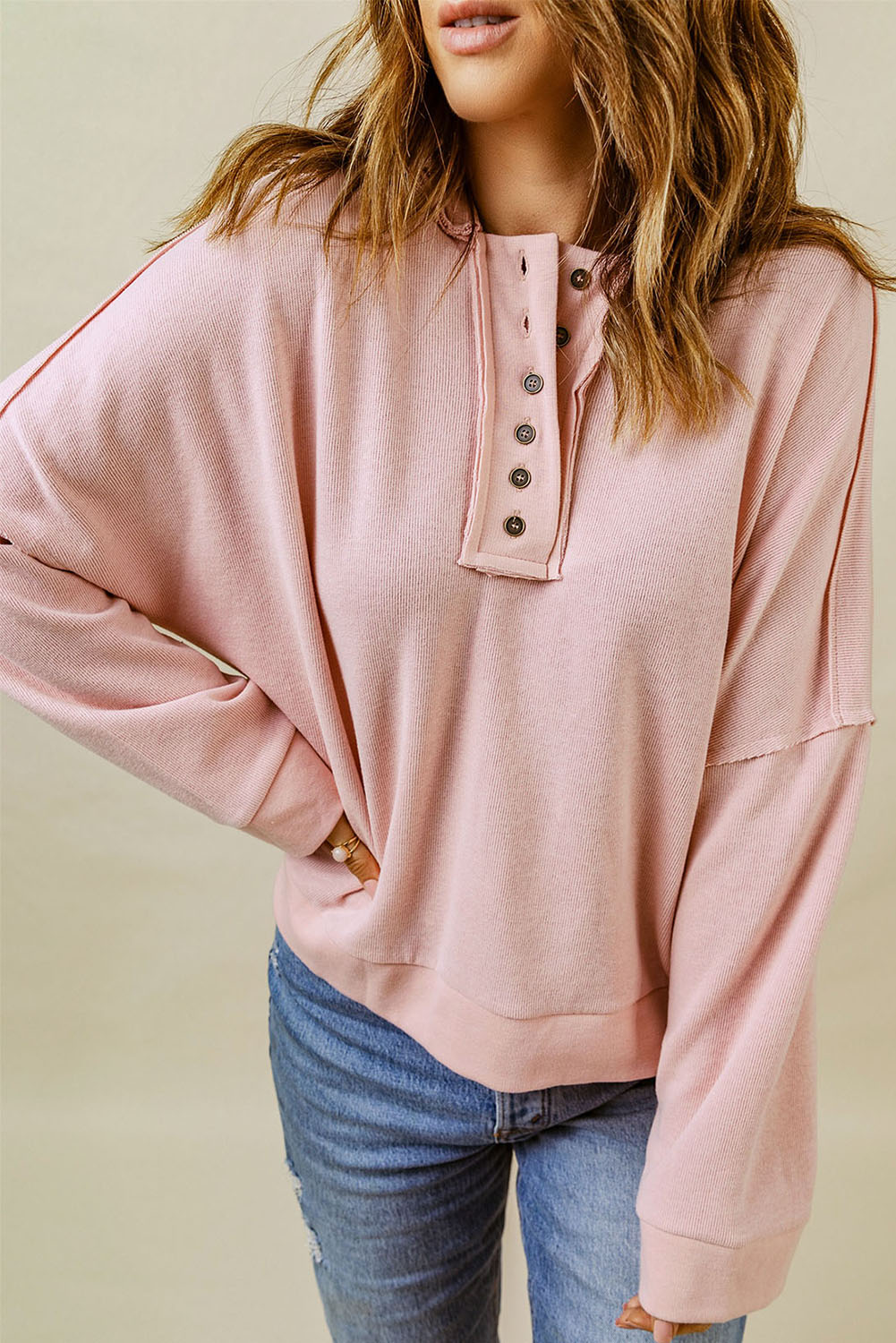 Quarter-Button Exposed Seam Dropped Shoulder Hoodie - Pink / S - Women’s Clothing & Accessories - Shirts & Tops - 2