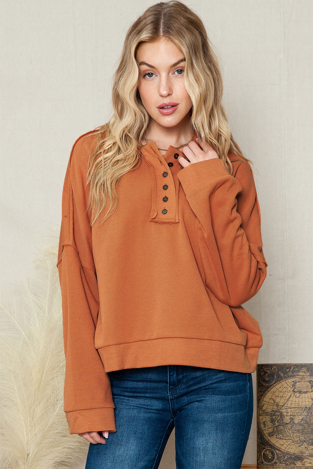 Quarter-Button Exposed Seam Dropped Shoulder Hoodie - Orange / S - Women’s Clothing & Accessories - Shirts & Tops - 7