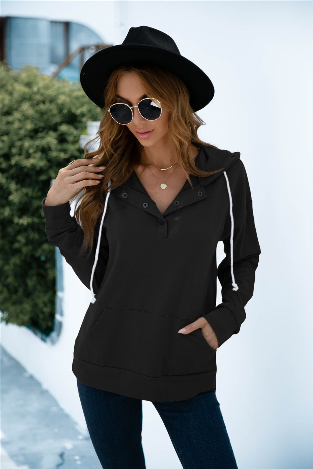 Quarter Snap Drawstring Hoodie with Kangaroo Pocket - Women’s Clothing & Accessories - Shirts & Tops - 11 - 2024