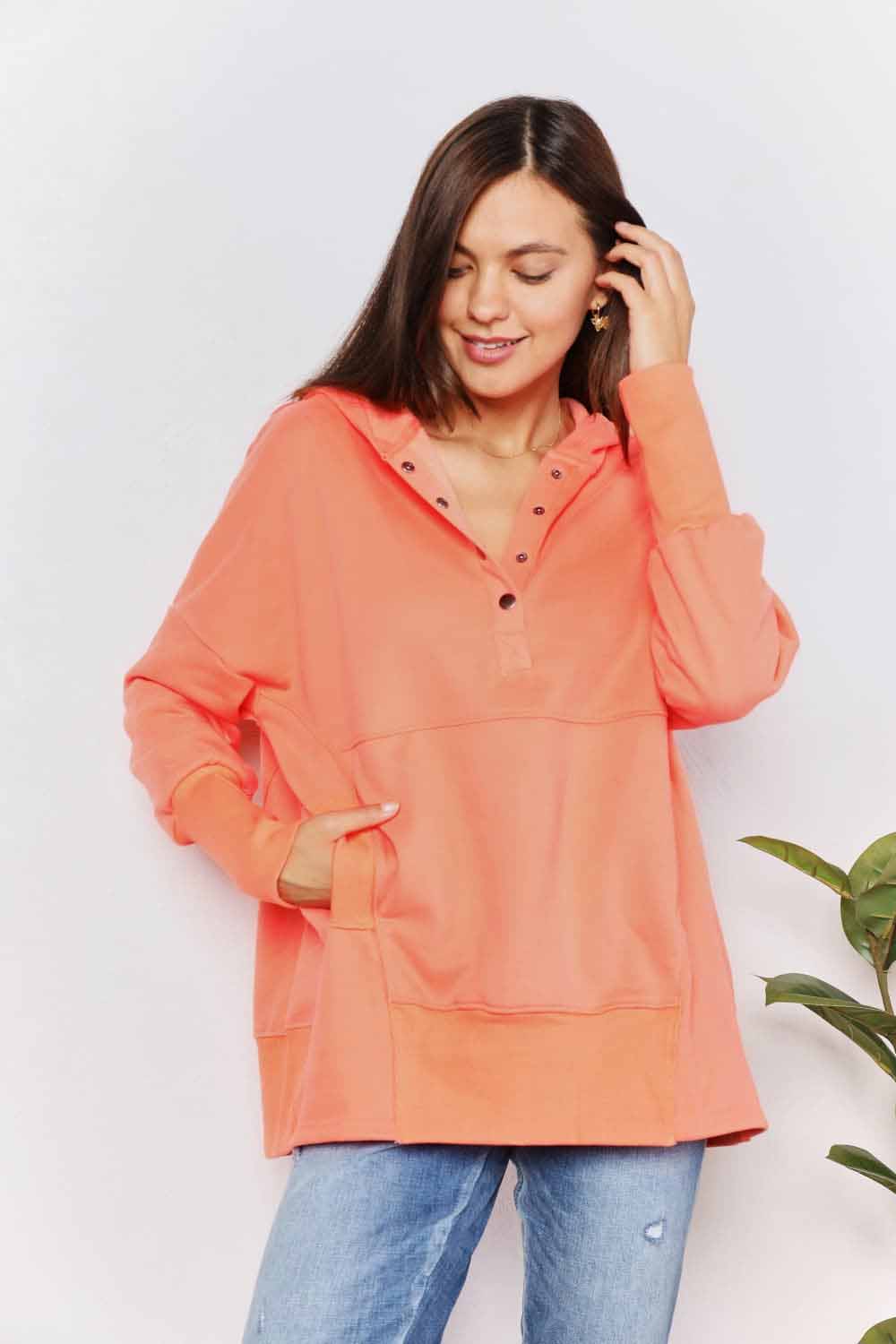 Quarter-Snap Dropped Shoulder Hoodie - Orange / S - Women’s Clothing & Accessories - Shirts & Tops - 1 - 2024