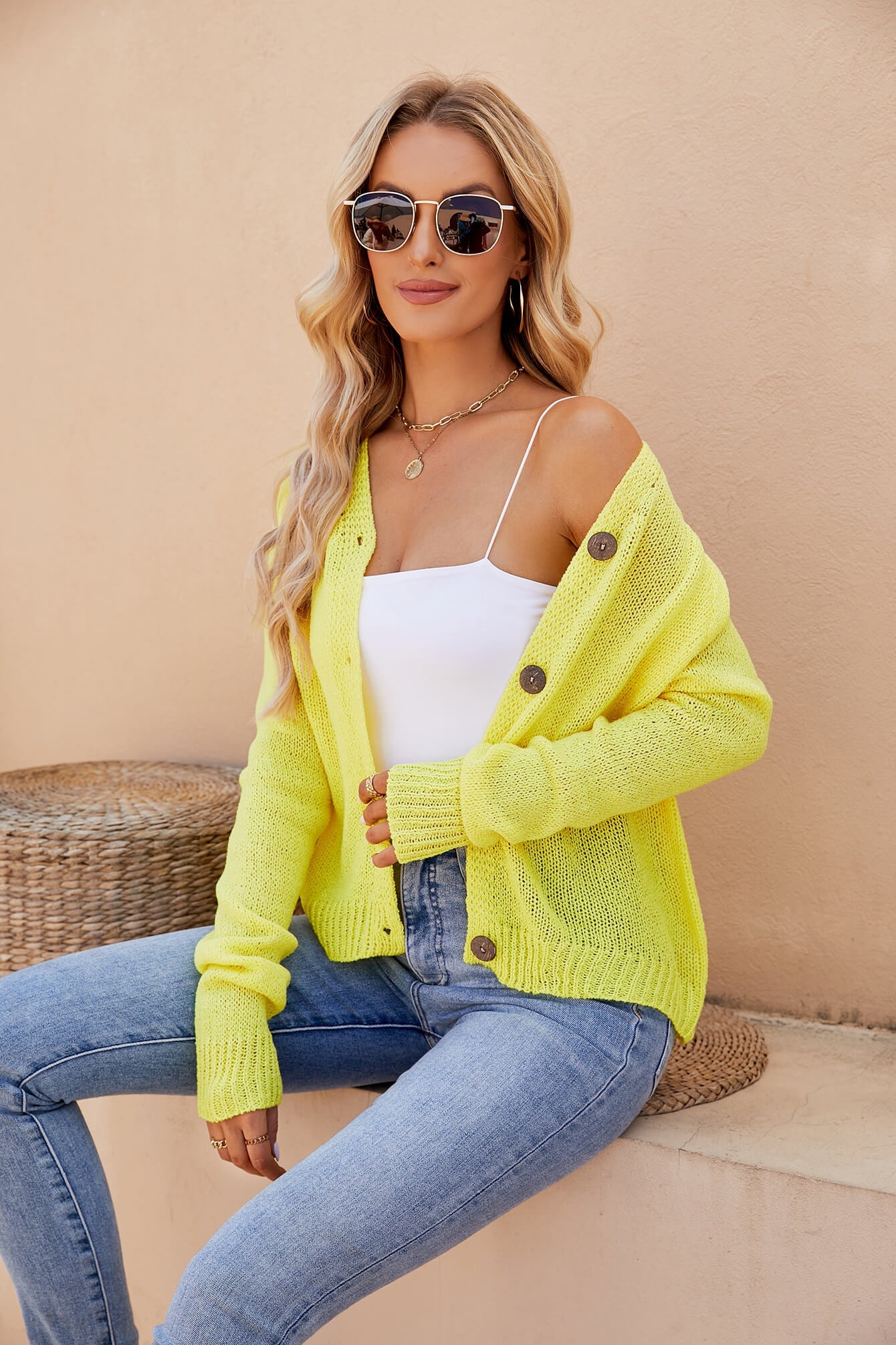 Raglan Sleeve Button Front Cardigan - Yellow / S - Women’s Clothing & Accessories - Shirts & Tops - 4 - 2024