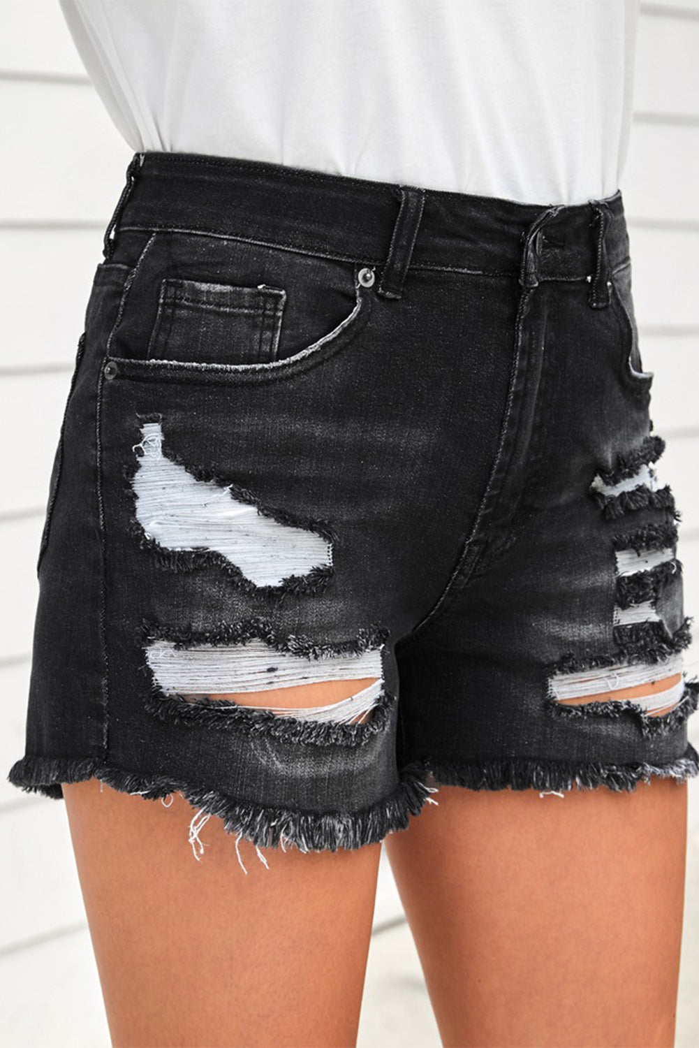 Raw Hem Distressed Denim Shorts with Pockets - Women’s Clothing & Accessories - Shorts - 2 - 2024