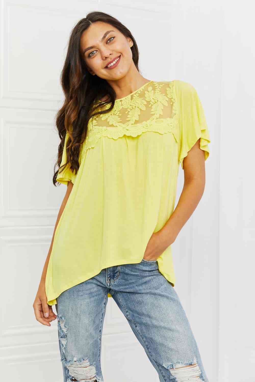 Ready To Go Full Size Lace Embroidered Top in Yellow Mousse - Butter Yellow / S - Women’s Clothing & Accessories