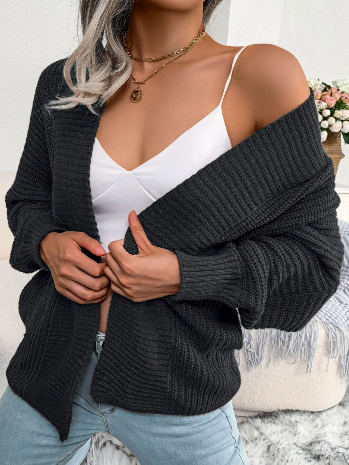 Rib-Knit Open Front Dolman Sleeve Cardigan - Black / S - Women’s Clothing & Accessories - Shirts & Tops - 7 - 2024