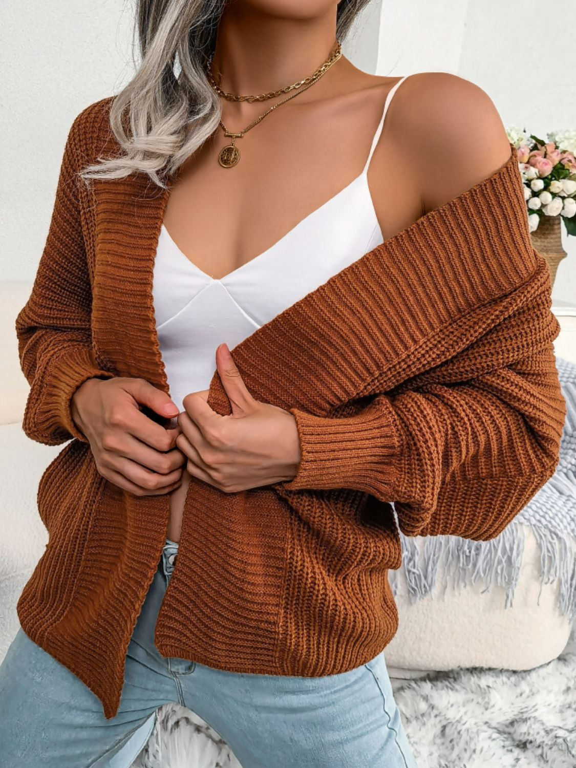 Rib-Knit Open Front Dolman Sleeve Cardigan - Brown / S - Women’s Clothing & Accessories - Shirts & Tops - 4 - 2024