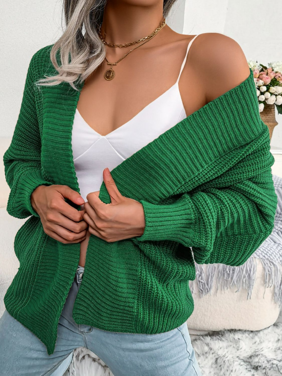 Rib-Knit Open Front Dolman Sleeve Cardigan - Green / S - Women’s Clothing & Accessories - Shirts & Tops - 1 - 2024