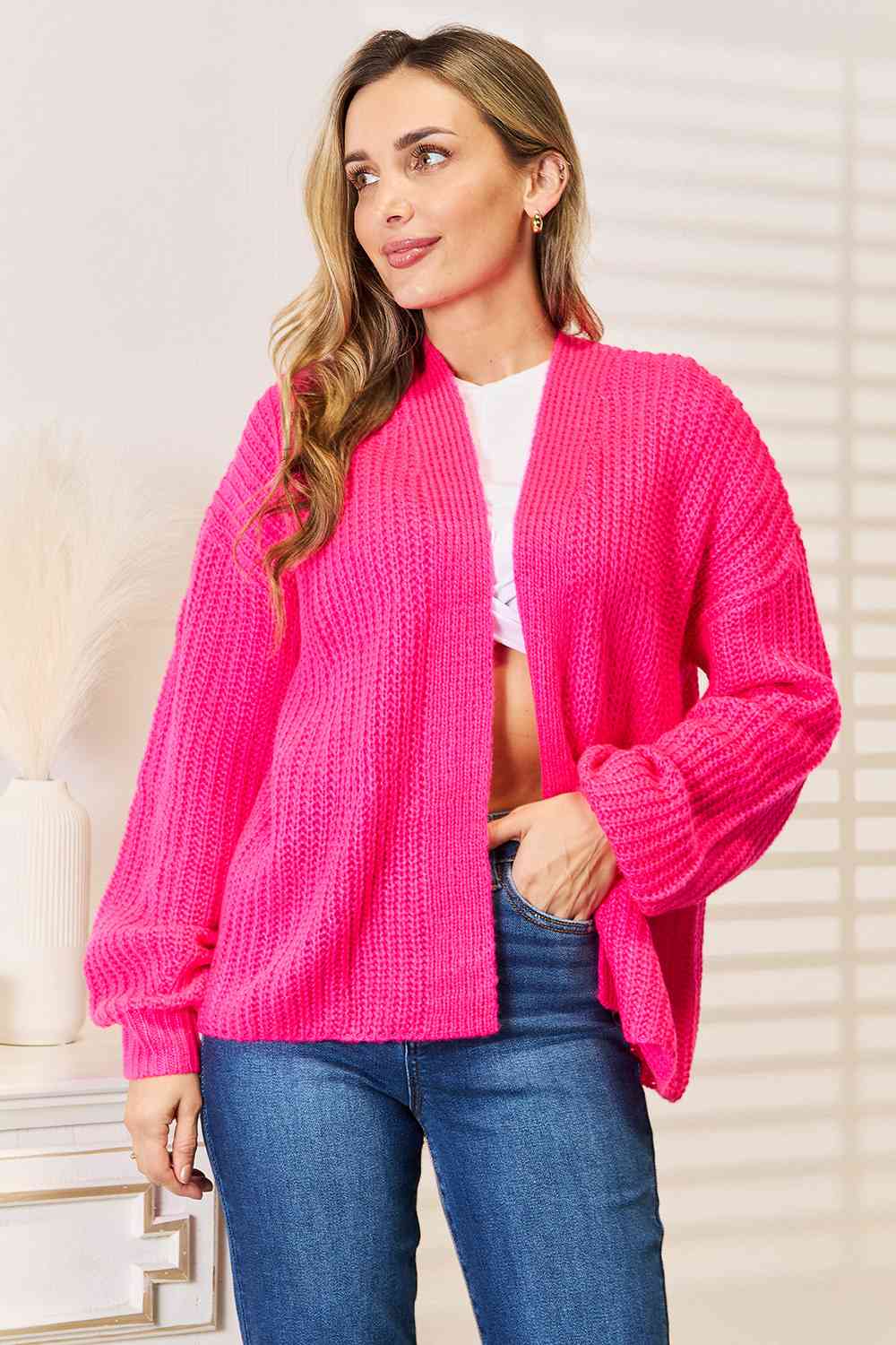 Rib-Knit Open Front Drop Shoulder Cardigan - Hot Pink / S - Women’s Clothing & Accessories - Shirts & Tops - 1 - 2024