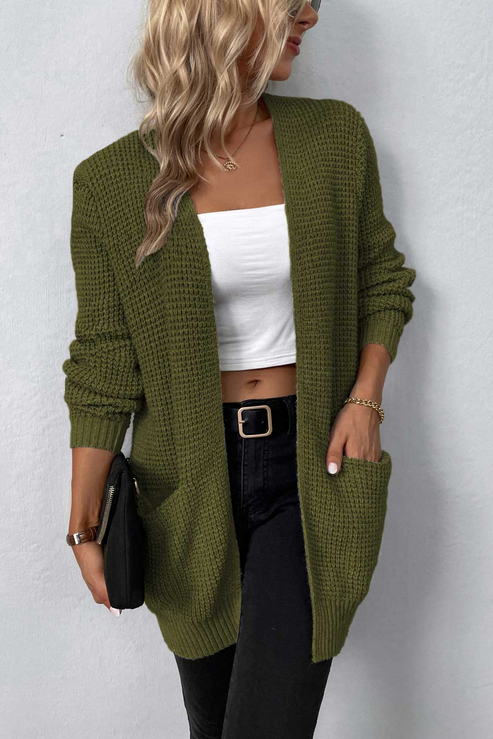 Rib-Knit Open Front Pocketed Cardigan - Green / S - Women’s Clothing & Accessories - Shirts & Tops - 8 - 2024