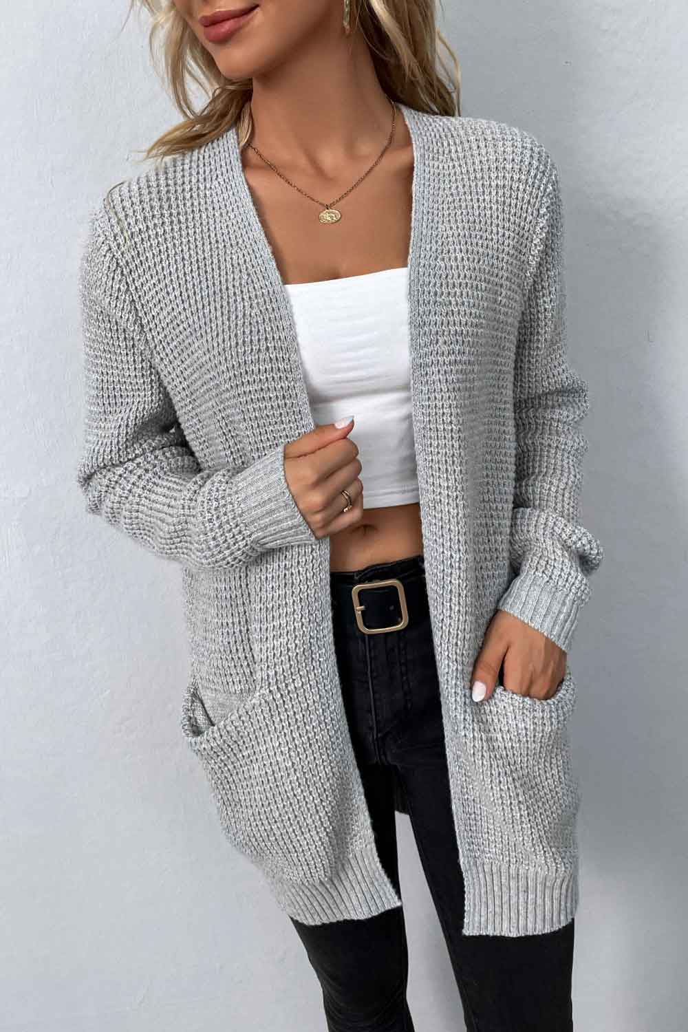 Rib-Knit Open Front Pocketed Cardigan - Women’s Clothing & Accessories - Shirts & Tops - 5 - 2024