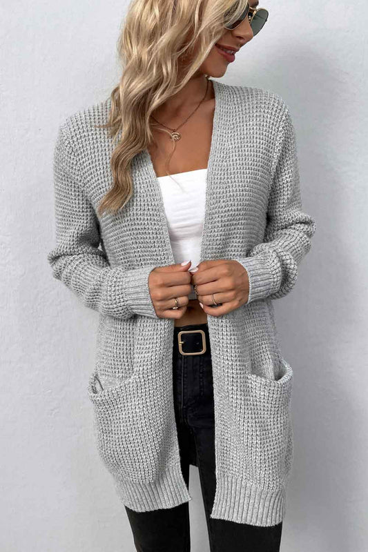 Rib-Knit Open Front Pocketed Cardigan - Light Gray / S - Women’s Clothing & Accessories - Shirts & Tops - 1 - 2024