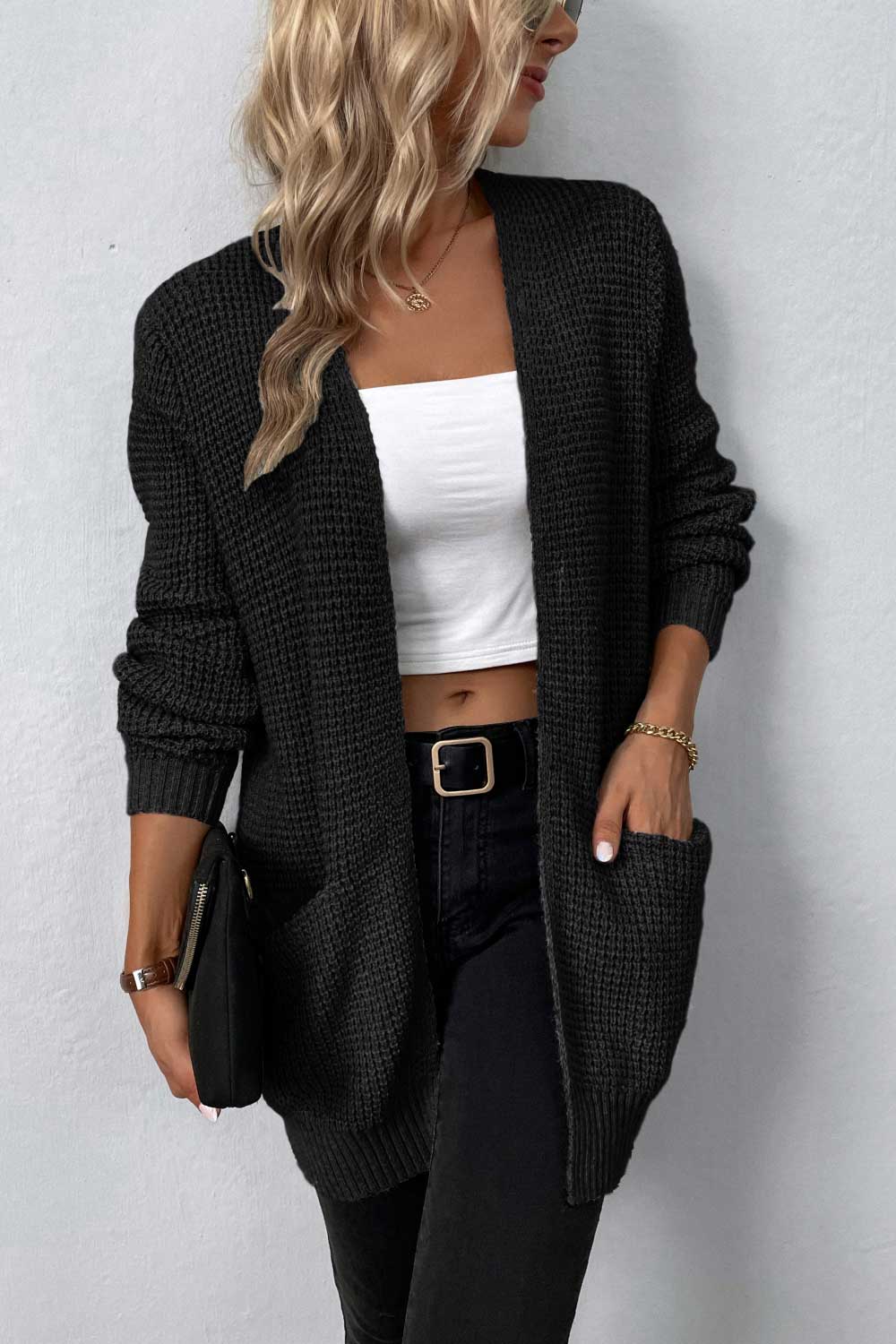 Rib-Knit Open Front Pocketed Cardigan - Women’s Clothing & Accessories - Shirts & Tops - 13 - 2024