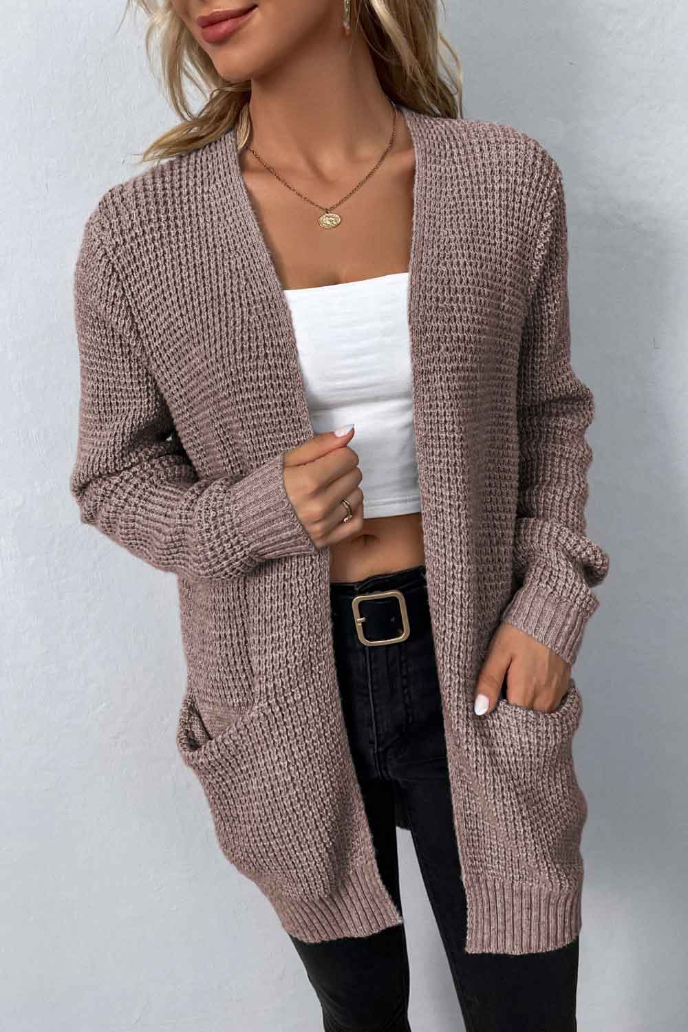 Rib-Knit Open Front Pocketed Cardigan - Women’s Clothing & Accessories - Shirts & Tops - 22 - 2024