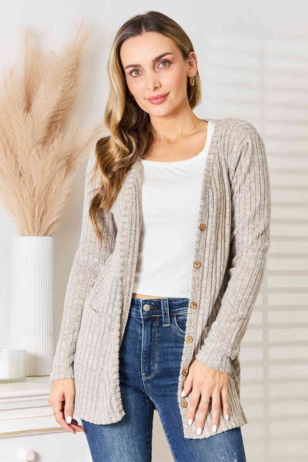 Ribbed Button-Up Cardigan with Pockets - Women’s Clothing & Accessories - Shirts & Tops - 1 - 2024