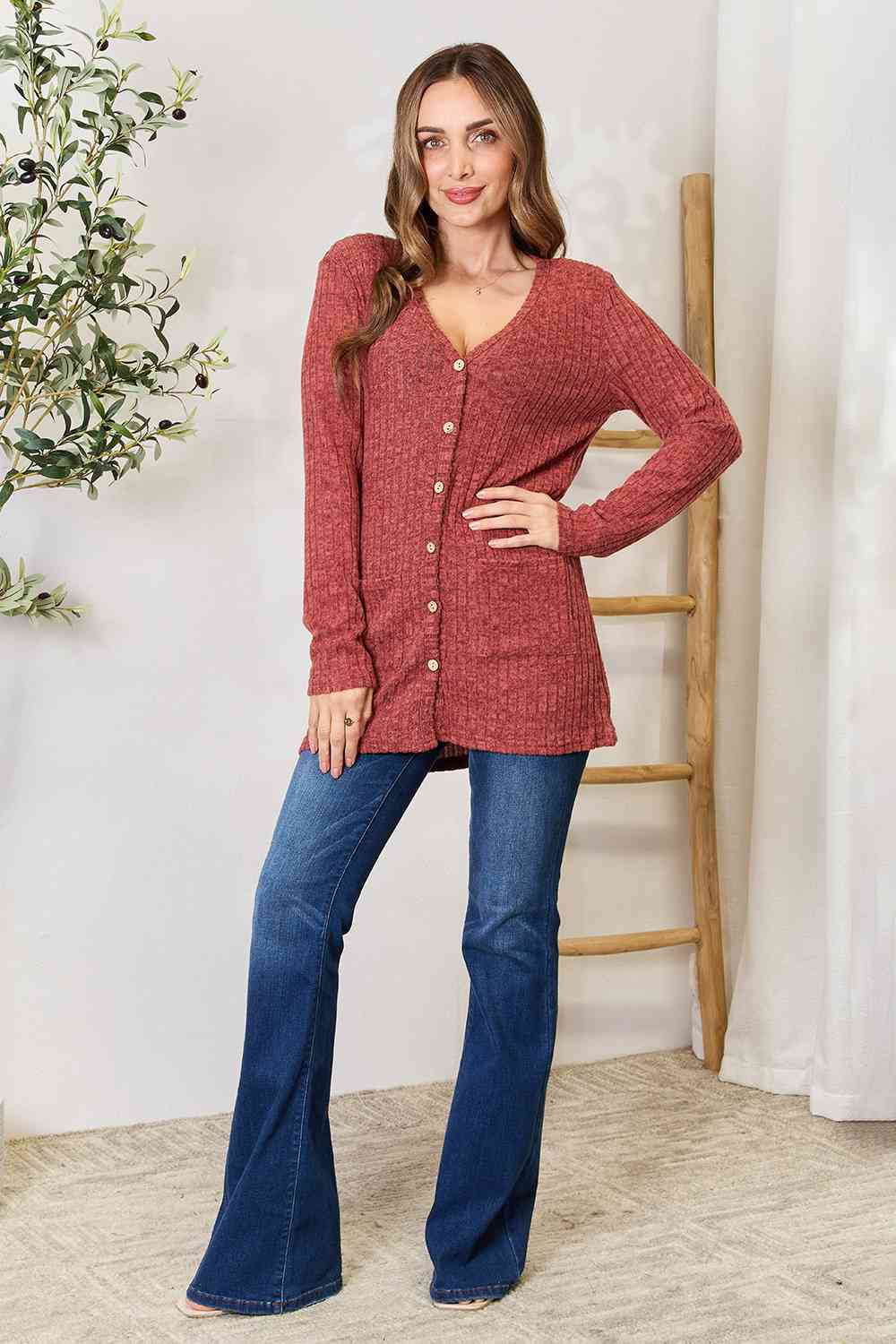 Ribbed Button-Up Cardigan with Pockets - Women’s Clothing & Accessories - Shirts & Tops - 4 - 2024