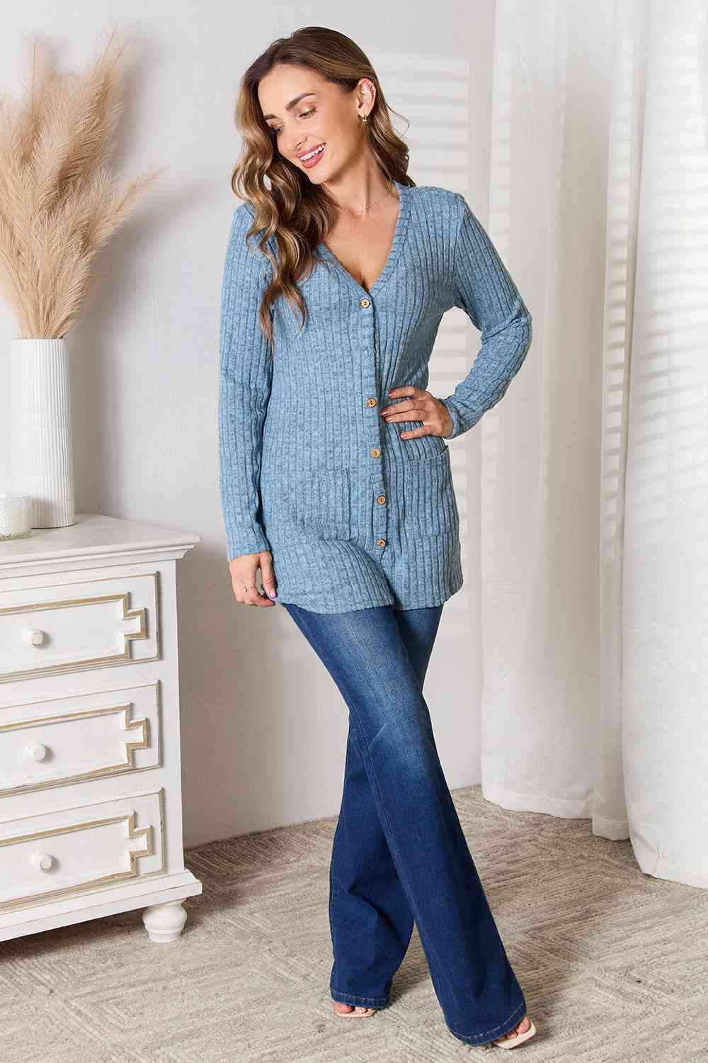 Ribbed Button-Up Cardigan with Pockets - Women’s Clothing & Accessories - Shirts & Tops - 13 - 2024