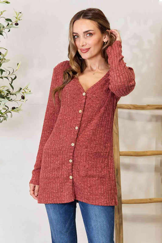 Ribbed Button-Up Cardigan with Pockets - Brick Red / S - Women’s Clothing & Accessories - Shirts & Tops - 1 - 2024