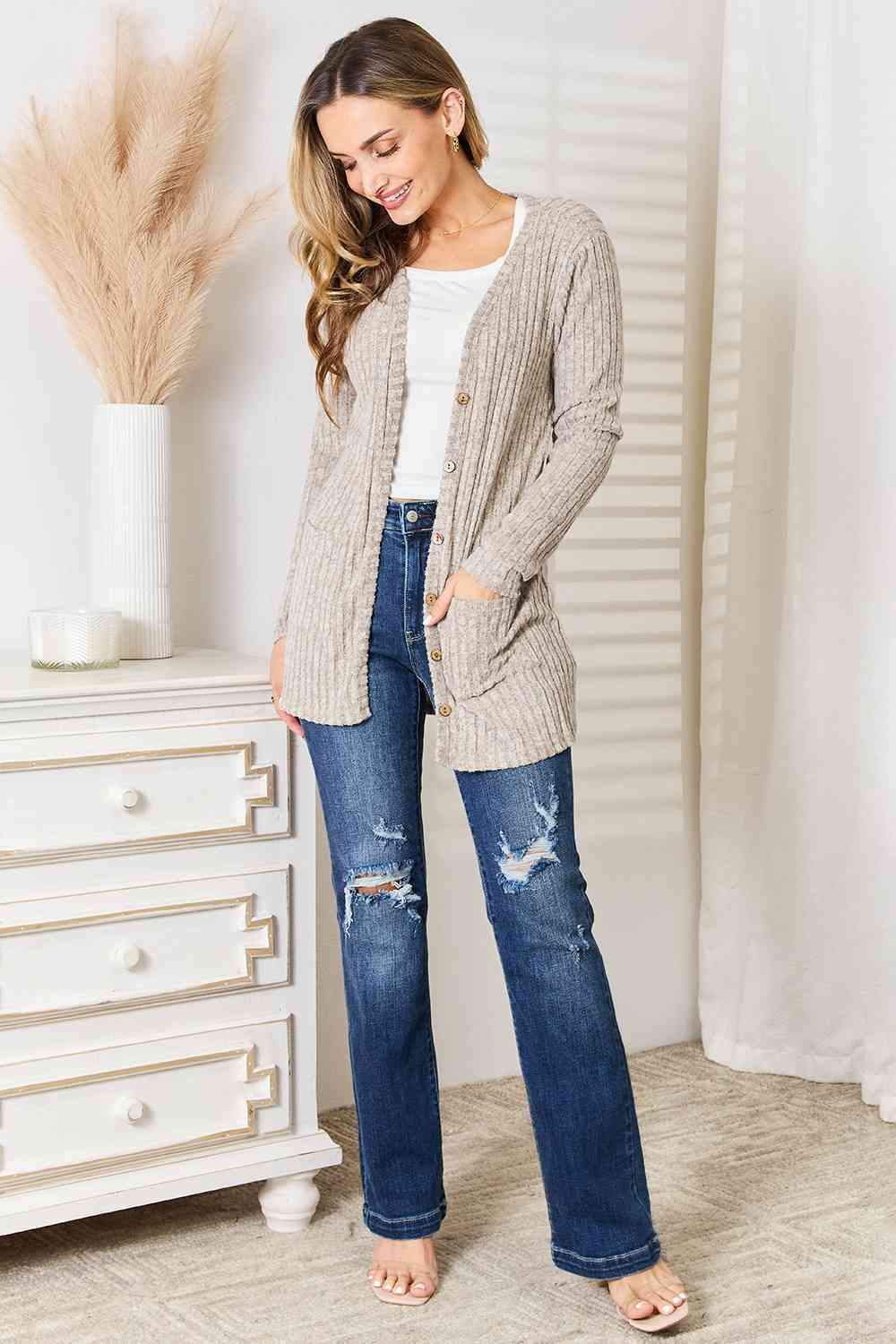 Ribbed Button-Up Cardigan with Pockets - Women’s Clothing & Accessories - Shirts & Tops - 4 - 2024